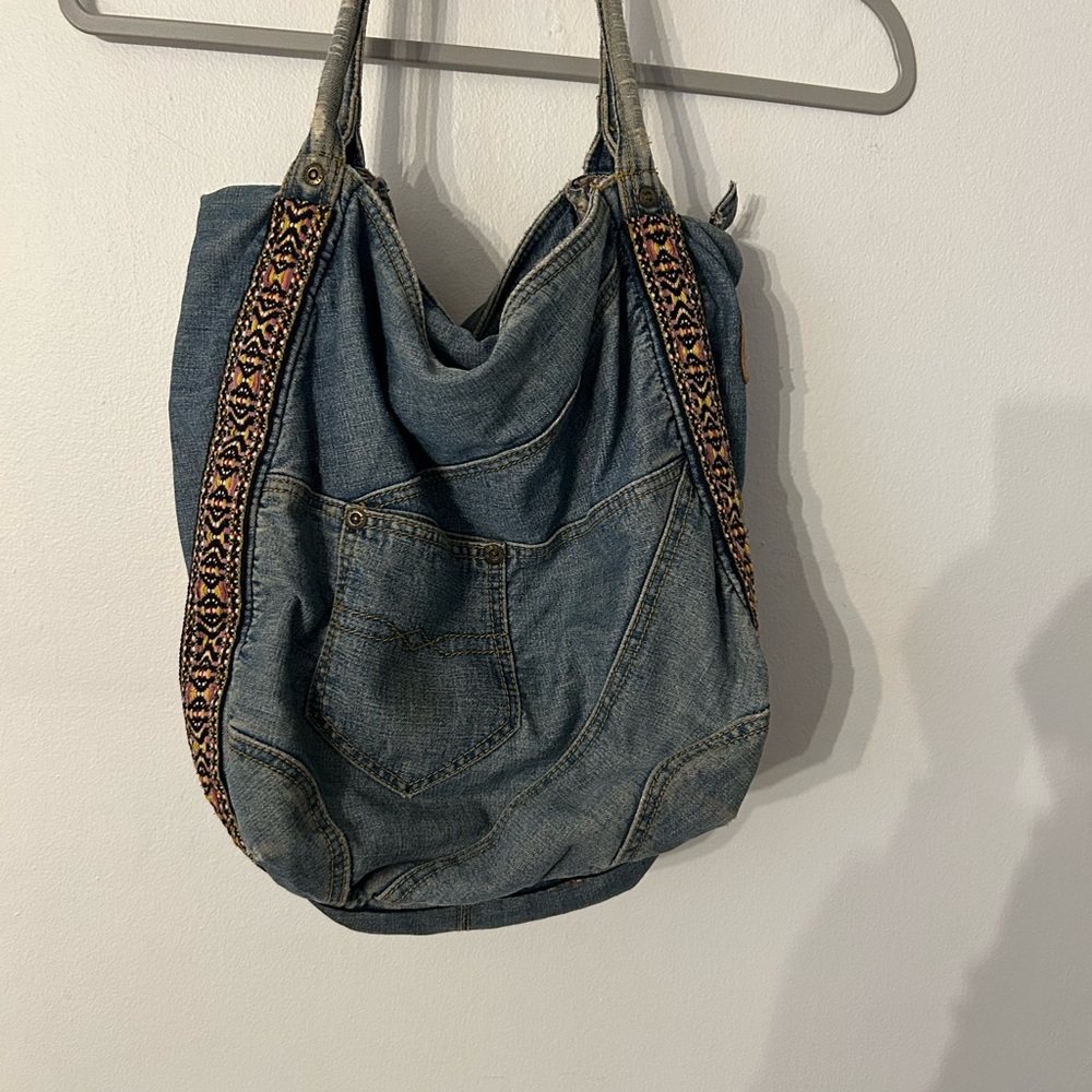 Lucky Brand Denim Shoulder Bag with Embroidered Straps